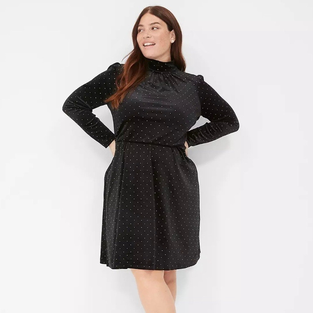 Lane Bryant Black Velvet Polka Dot Mock Neck Dress Size 18/20